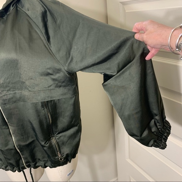 Zara Satin Bomber Jacket Green Hooded Zip Up Green Sz M Relaxed Fit Y2K - Picture 10 of 15